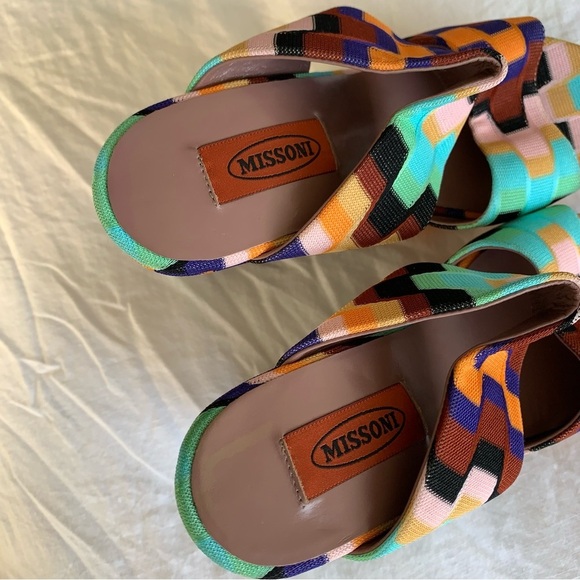 Missoni Rainbow Print Chevron Knit Strap Strappy Platform Chunky Wedges Heels - Picture 6 of 8